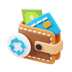 3D Rendering Cute Wallet with Card and Money with Recycle Symbol Icon