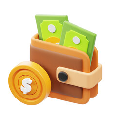 Cute 3D Rendered Wallet with Money and Coin Business Finance Icon