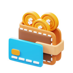 Modern 3D Rendered Wallet with Card and Coin Stack Financial Element