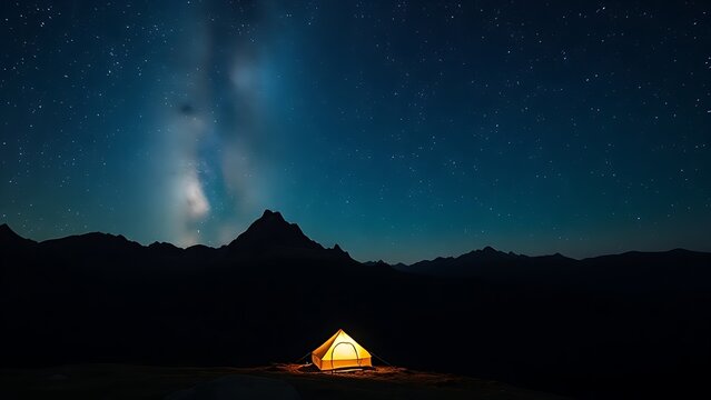 Starry mountain landscape at night with an illuminated tent under the milky way, serene and vast.