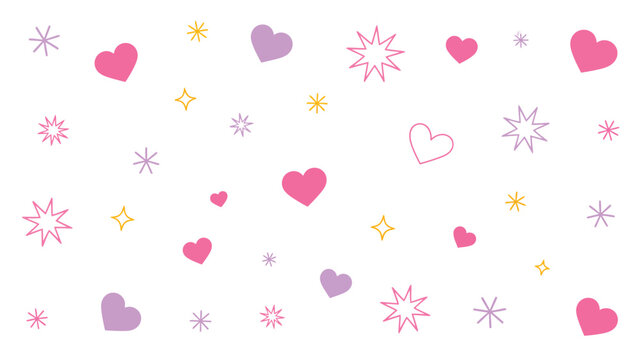 A pattern of pink hearts purple hearts and yellow and purple stars on a white background design element