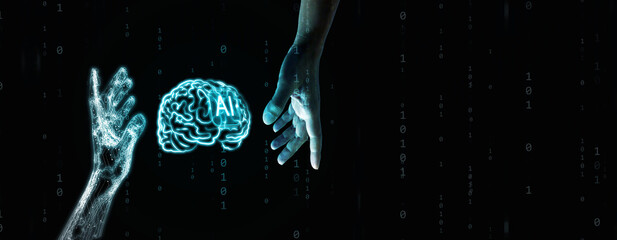 Human and robotic hands reaching toward glowing AI brain, symbolizing artificial intelligence,...