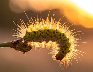 A fuzzy, yellow caterpillar perched on a stem, backlit by warm sunlight