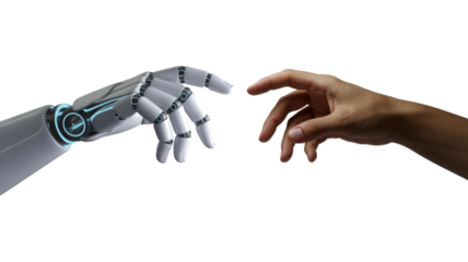 Human hand reaching toward robotic hand representing connection between technology and humanity. Isolated on transparent background