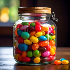 A glass jar overflowing with colorful jelly bean candies