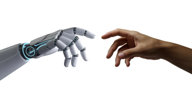 Human hand reaching toward robotic hand representing connection between technology and humanity. Isolated on transparent background