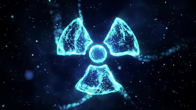 Glowing Cyan Radiation Symbol Against Starry Black Background