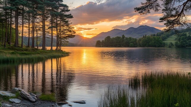Peaceful lakeside view during sunset with the sun sinking behind distant hills The water reflects the orange and pink hues of the sky while trees along the shore create a serene atmosphere