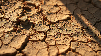 Fototapeta premium Deep Cracks and Shadows on Desertified Ground Texture, Illustrating the Profound Impact of Extreme Drought and Climate Change