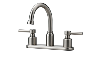 Metallic faucet with curved spout and lever handles, isolated