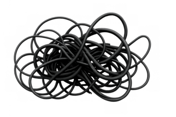 Tangling black wires creating a chaotic mess, symbolizing complexity, challenge, and disorganization with transparent background