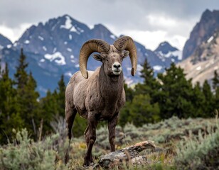 A majestic bighorn sheep poses against a backdrop of snow-capped mountains