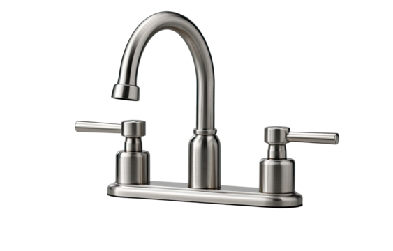 Metallic faucet with curved spout and lever handles, isolated