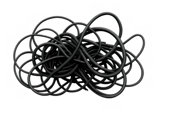 Tangling black wires creating a chaotic mess, symbolizing complexity, challenge, and disorganization with transparent background