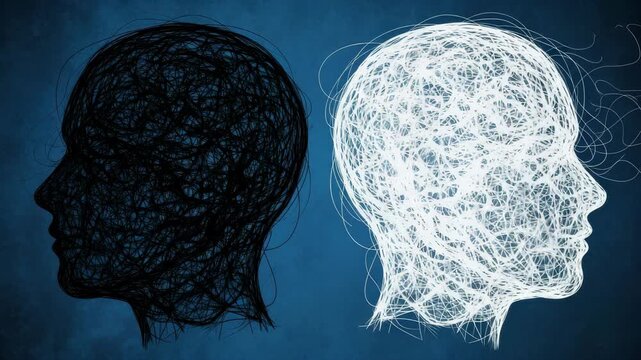 Tangled thoughts in black and white, representing mental health challenges