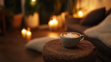 Peaceful meditation space with a cappuccino on a low table surrounded by candles soft cushions and a calming atmosphere promoting mindfulness and relaxation during a quiet moment