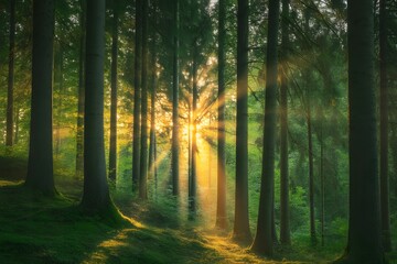Sunbeams dramatically pierce through a dense dark coniferous forest creating a magical ethereal glow on the mossy forest floor