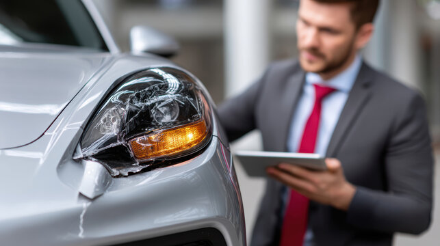 Serious insurance agent inspects car damage after an accident. focused man uses tablet to prepare detailed repair estimate for claim - Powered by Adobe