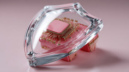 Concept of future ai innovation microchip under glass shield. complex ethics and government regulation represent protection and safety for technology development