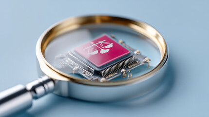 Focused inspection of computer chip with magnifying glass symbolizing scrutiny of ai technology and growing need for ethics and regulation in industry