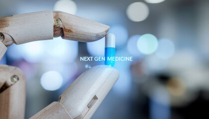 Futuristic biotech concept of robotic hand holding medicine. significant drug discovery in next generation healthcare technology for treating illness with innovation and hope