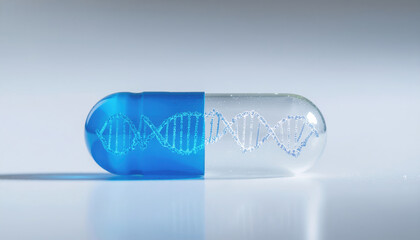 Capsule with DNA helix represents biotech innovation and drug discovery. This science concept shows future of genetic medicine and hopeful pharmaceutical research