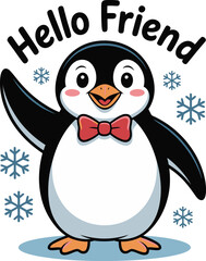 Hello Friend Cute Penguin Waving with Snowflakes Cartoon Vector Sticker