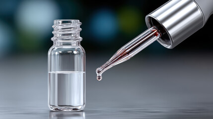 Focused biotech research for new drug discovery process. This close up on vial and pipette symbolizes critical clinical trials and pharmaceutical development