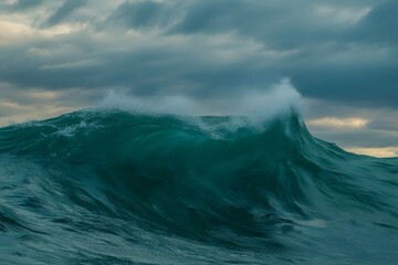 Powerful ocean wave crashing and breaking with dramatic dark stormy clouds overhead creating a sense of raw natural power and untamed beauty