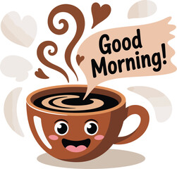 A delightful cartoon vector sticker depicting a happy coffee cup wishing 'Good Morning!'