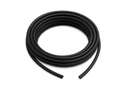 Black electrical wire roll, flexible plastic cable spool, and insulated power cord. Object on a transparent background