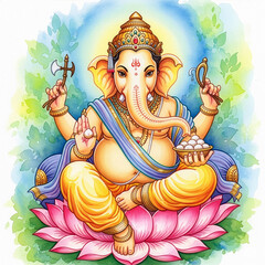 Lord ganpati indian god on pink lotus flower image with water color background