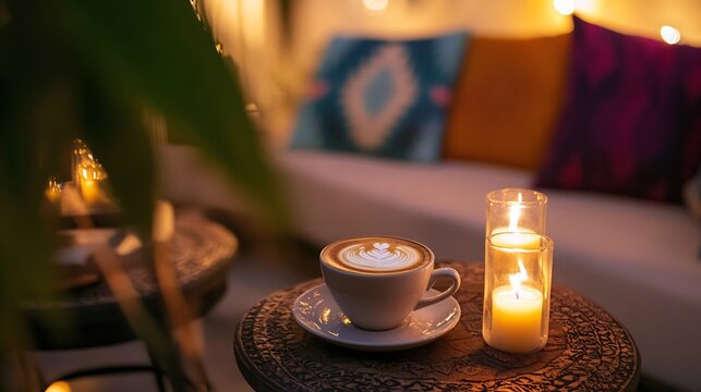 Peaceful meditation space with a cappuccino on a low table surrounded by candles soft cushions and a calming atmosphere promoting mindfulness and relaxation during a quiet moment