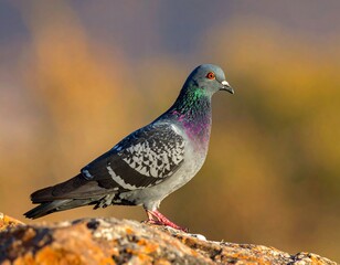 A rock pigeon perched, showcasing iridescent neck feathers