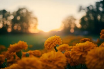 Golden hour sunlight illuminates a field of vibrant orange marigolds creating a warm and serene natural landscape with soft bokeh
