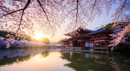 Fototapeta premium Cherry Blossom Temple Reflections: Tranquil Japanese Garden by the Water