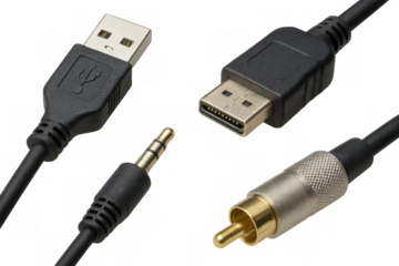 Usb, displayport, audio jack, and rca cables connecting various electronic devices on transparent background