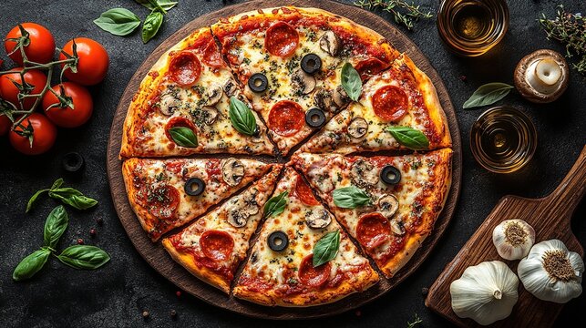 Top View Multi-topping Pizza Food Photography - Italian Catering Material
