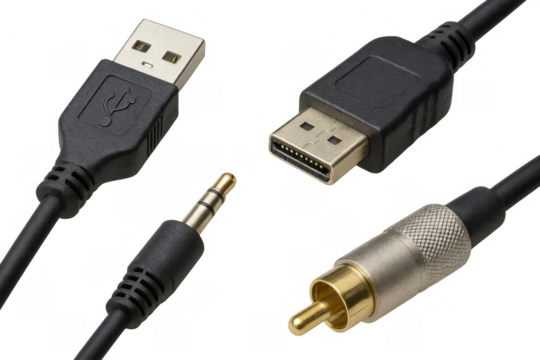 Usb, displayport, audio jack, and rca cables connecting various electronic devices on transparent background