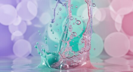 Fluid splash with pink and green liquids, bokeh background