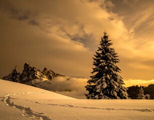 A snow-covered fir tree with mountain peaks and cloudy sky