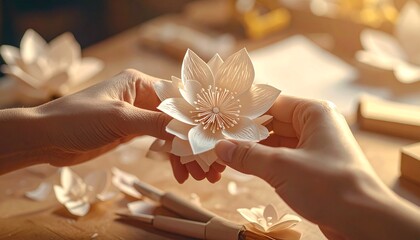 Creative Hands Making a Beautiful Paper Flower Using Craft Tools — Artistic composition featuring delicate paper art and design in soft lighting, ideal for DIY, handmade, or artistic themes.
