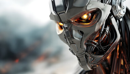 Futuristic silver robot head shows glowing orange eyes, intricate design, exposed wires, powerful armor. Machine stands in rugged blurred background