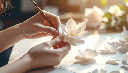 Elegant Paper Flower Design Workshop with Crafting Tools and Gentle Lighting — Perfect depiction of creativity and craftsmanship in handmade floral decoration and art projects.