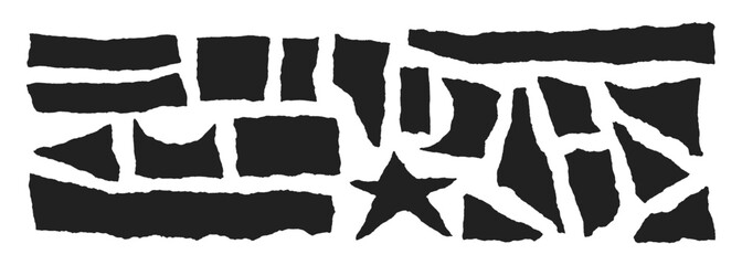 Jagged edge torn paper piece collage grunge cut out shapes vector illustration. Ripped paper abstract frame shape text box template collection.