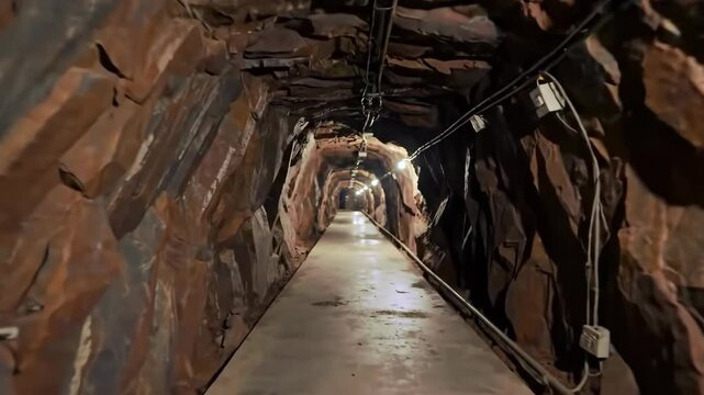 Illuminated Rock Tunnel with Smooth Pathway and Overhead Lighting