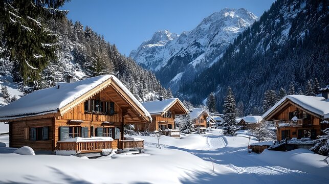 Winter wonderland in a peaceful village surrounded by snow-capped mountains at midday - Powered by Adobe