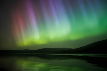 Vibrant aurora borealis dancing in the night sky above a serene lake reflecting the colorful celestial display and silhouetted mountains