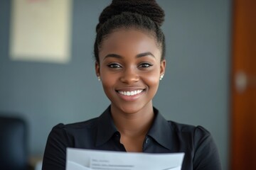 Smiling businesswoman holds an envelope at her desk, feeling content and pleased with the news or documents inside, Generative AI