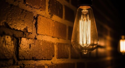 Glowing filament bulb hangs beside a brick wall in soft warm light